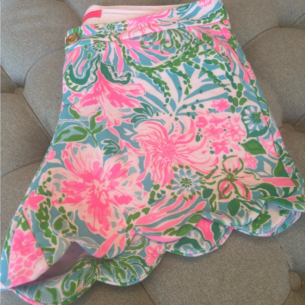 Lilly Pulitzer Pink and Green Sarong Shorts with Scalloped Hem
